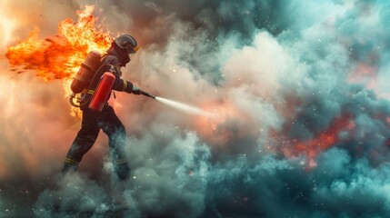 Wall Mural - Firefighter Battling Blaze with Water Cannon.