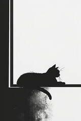 Wall Mural - A black and white sketch of a cat lounging on a windowsill