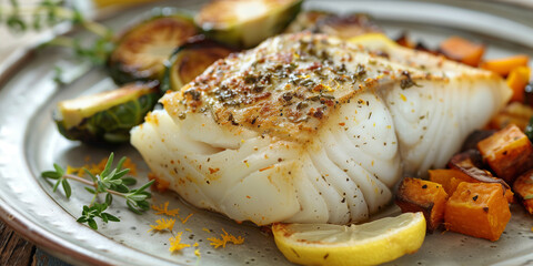 Wall Mural - Baked cod fillets with lemon and herbs, roasted Brussels sprouts, and sweet potatoes