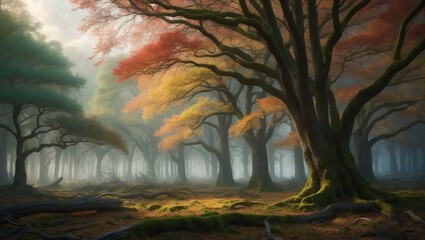 Wall Mural - Sunlight shines through the leaves of trees in a misty forest