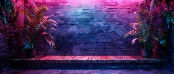 Wall Mural - Dark room with wooden table, brick walls and neon lights. The view is at nighttime.