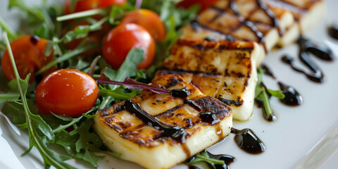 Wall Mural - Grilled halloumi cheese with arugula salad, cherry tomatoes, and balsamic glaze