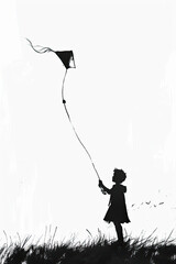 Wall Mural - A black and white sketch of a child flying a kite