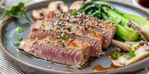 Wall Mural - Seared tuna steaks with sesame seeds, sautéed bok choy, and mushrooms