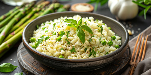 Wall Mural - Cauliflower rice seasoned with garlic and herbs, served with grilled asparagus