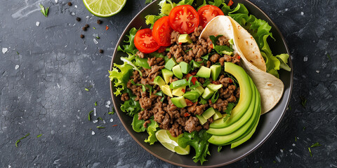 Wall Mural - Top-down view of keto taco salad with ground beef, lettuce, tomatoes, and avocado