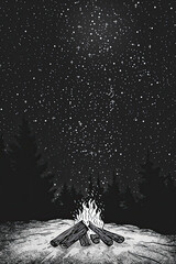 Poster - A black and white sketch of a campfire under the stars