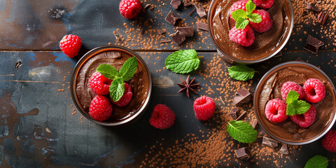 Wall Mural - Vegan chocolate mousse made with avocado and cocoa powder, garnished with raspberries and mint