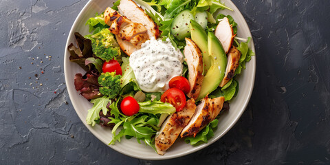 Wall Mural - Bowl of mixed greens with roasted chicken, avocado, cherry tomatoes, and creamy ranch dressing