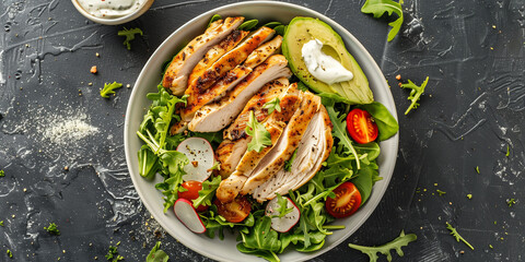 Wall Mural - Bowl of mixed greens with roasted chicken, avocado, cherry tomatoes, and creamy ranch dressing