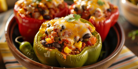 Wall Mural - Vibrant dish of stuffed bell peppers with ground turkey, black beans, corn, and melted cheese