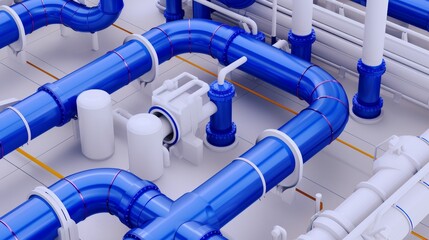 A complex network of factory pipes inside a spacious industrial facility flat design top view