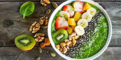 Wall Mural - Vibrant green smoothie bowl topped with fresh fruits, nuts, and chia seeds on a wooden table