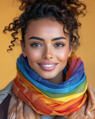 Wall Mural - Smiling woman wrapped in rainbow flag, standing against solid yellow background. Concept LGBTQ pride