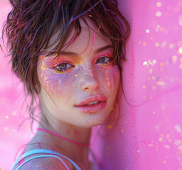 Wall Mural - Portrait young woman with rainbow makeup playfully posing for camera. Concept LGBTQ and pride concept.