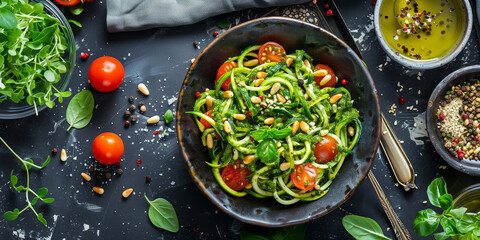 Wall Mural - Overhead shot of raw pesto zucchini noodle bowl with cherry tomatoes, pine nuts, and nutritional yeast