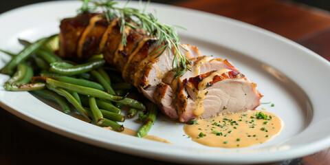 Wall Mural - Roasted pork loin slices with sautéed green beans and creamy mustard sauce