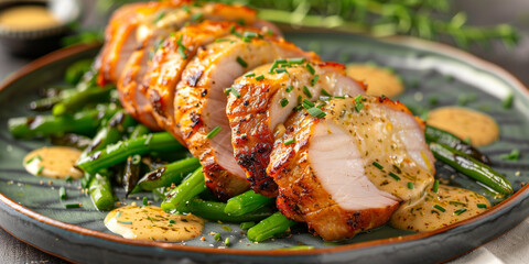 Wall Mural - Roasted pork loin slices with sautéed green beans and creamy mustard sauce