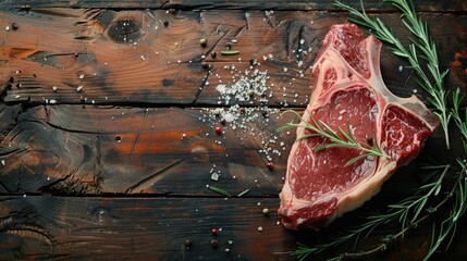 Wall Mural - Top down view of raw t bone steak on vintage kitchen table with space for text food background and ready for cooking