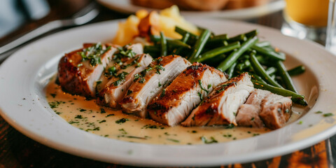 Wall Mural - Roasted pork loin slices with sautéed green beans and creamy mustard sauce