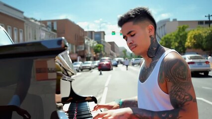 Poster - Young man playing piano on a street in California