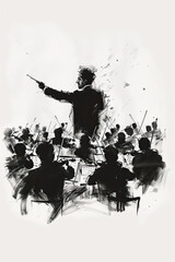 Wall Mural - A black and white sketch of a conductor leading an orchestra