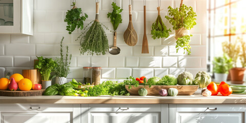 Poster - Bright and airy kitchen with fresh herbs hanging to dry above a counter filled with fresh produce