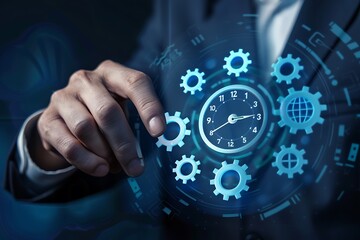 Poster - Businessman adjusting clock gears representing effective time management and productivity