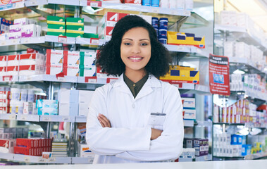 Poster - Pharmacy, pills and portrait of black woman with crossed arms for medical, medicine and pharmaceutical service. Healthcare, professional and person in dispensary for medication, supplements and help