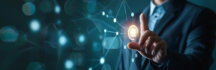 Poster - Businessman touching glowing digital interface in dark blue background with glowing network connections
