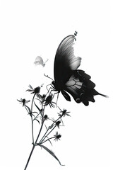 Wall Mural - A black and white sketch of a butterfly landing on a flower