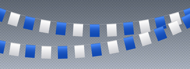 Wall Mural - Bunting flags, carnival party flags, white and blue festive pennants hanging on a rope. Festival vector decoration.