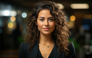 Wall Mural - A woman with curly hair is smiling and wearing a necklace. The image has a warm and friendly mood