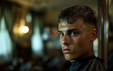 Poster - A man with a shaved head stands in front of a mirror. He is wearing a black shirt and a black cape