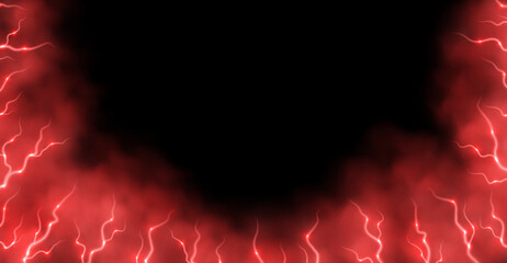Wall Mural - red smoke with lightnings abstract background, thunderbolts and vapor, lightning in red fog. neon ha