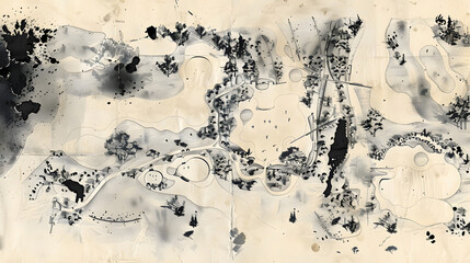 Poster - a scan of a hand drawn map of an 18 hole golf course layout. the ink is black and fading in some spots. the paper is white