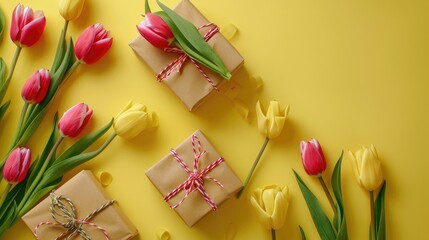 Poster - Concept background for Mother s Day Top view holiday gift design with tulips on yellow table