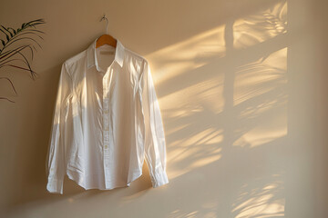 Canvas Print - A white casual shirt hangs on a hanger on a beige wall with a shadow.