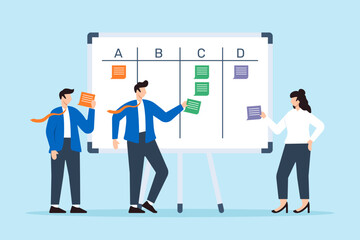 Poster - vector illustration of employees voting with sticky notes on whiteboard democratic teamwork and grou