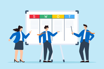 Poster - vector illustration of business people mapping out swot analysis on whiteboard strategic planning