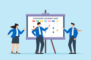 Poster - Vector illustration of team discussing customer journey map on whiteboard user experience design