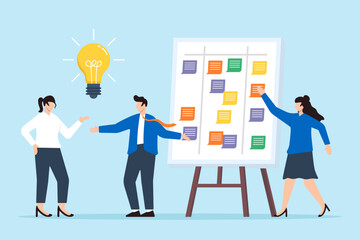 Poster - Vector illustration of team brainstorming with sticky notes on whiteboard creative problem solving