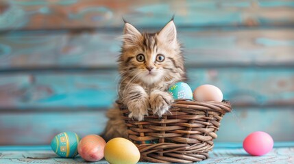 Poster - Cute British longhair kitten with Easter eggs in a basket banner for text Studio photo with spring theme