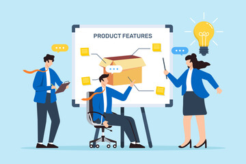 Poster - Vector illustration of colleagues brainstorming product features on whiteboard with sticky notes innovative design