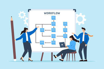 Poster - Vector illustration of team members designing workflow process with sticky notes on whiteboard efficiency optimization