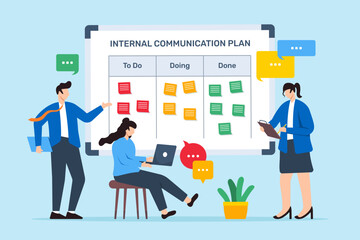 Poster - vector illustration of team developing internal communication plan with sticky notes on whiteboard i