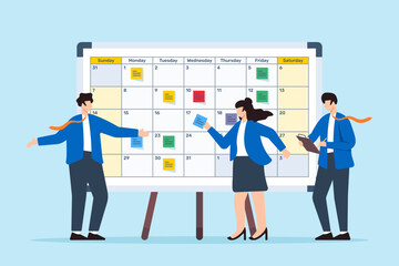 Poster - vector illustration of colleagues developing content calendar with sticky notes on whiteboard editor