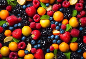 Wall Mural - Foreground with many fruits and berries. Background with different fruits and berries