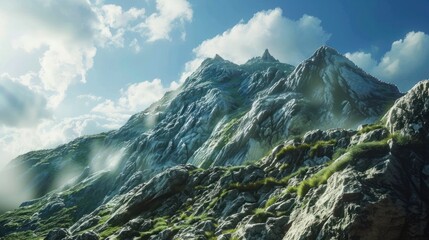 A high mountain range with snow on it and a clear blue sky