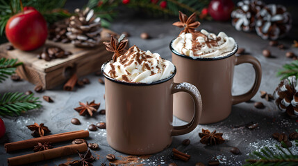 A cozy scene featuring two mugs of hot cocoa cream coffee